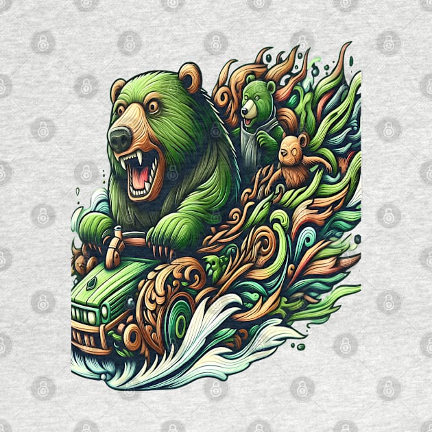 Animated Bears Riding a Green Car in a Vibrant Fantasy Illustration by coollooks